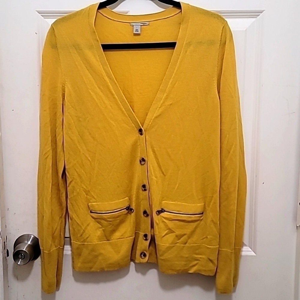 Halogen Cardigan Sweater Womens L Yellow Merino Wool Zipper Pockets V-Neck Knit